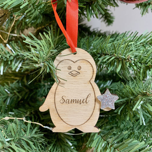 Personalised Oak and Acrylic Sparkle the Penguin