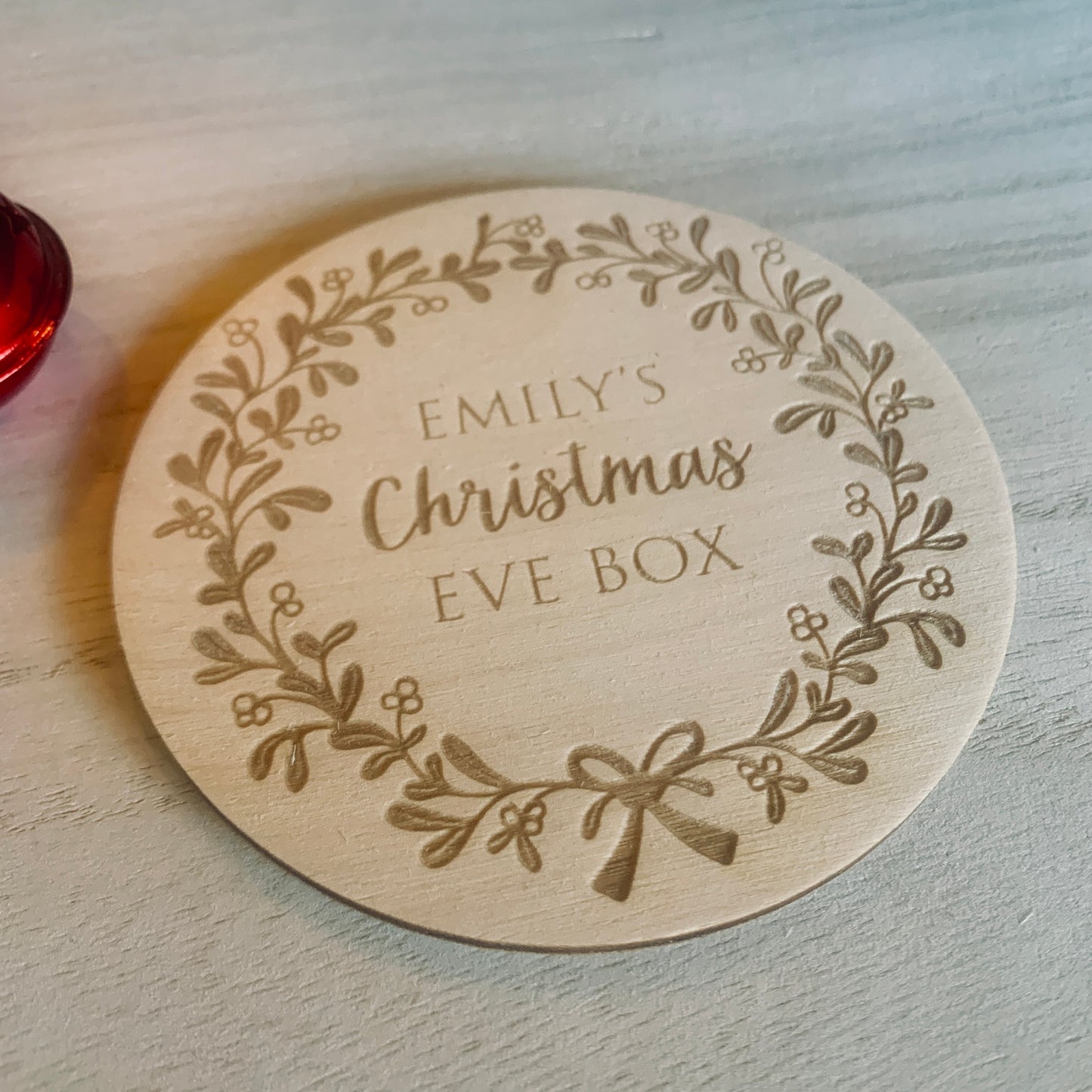 Personalised Christmas Eve Box Topper Circular Mistletoe Design