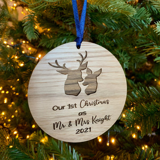 Personalised Oak First Christmas as Mr & Mrs Bauble