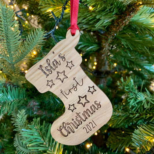 Personalised Oak First Christmas Bauble