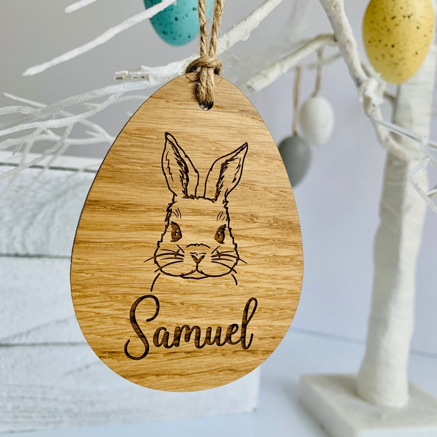 Personalised Oak bunny illustration decoration / basket tag