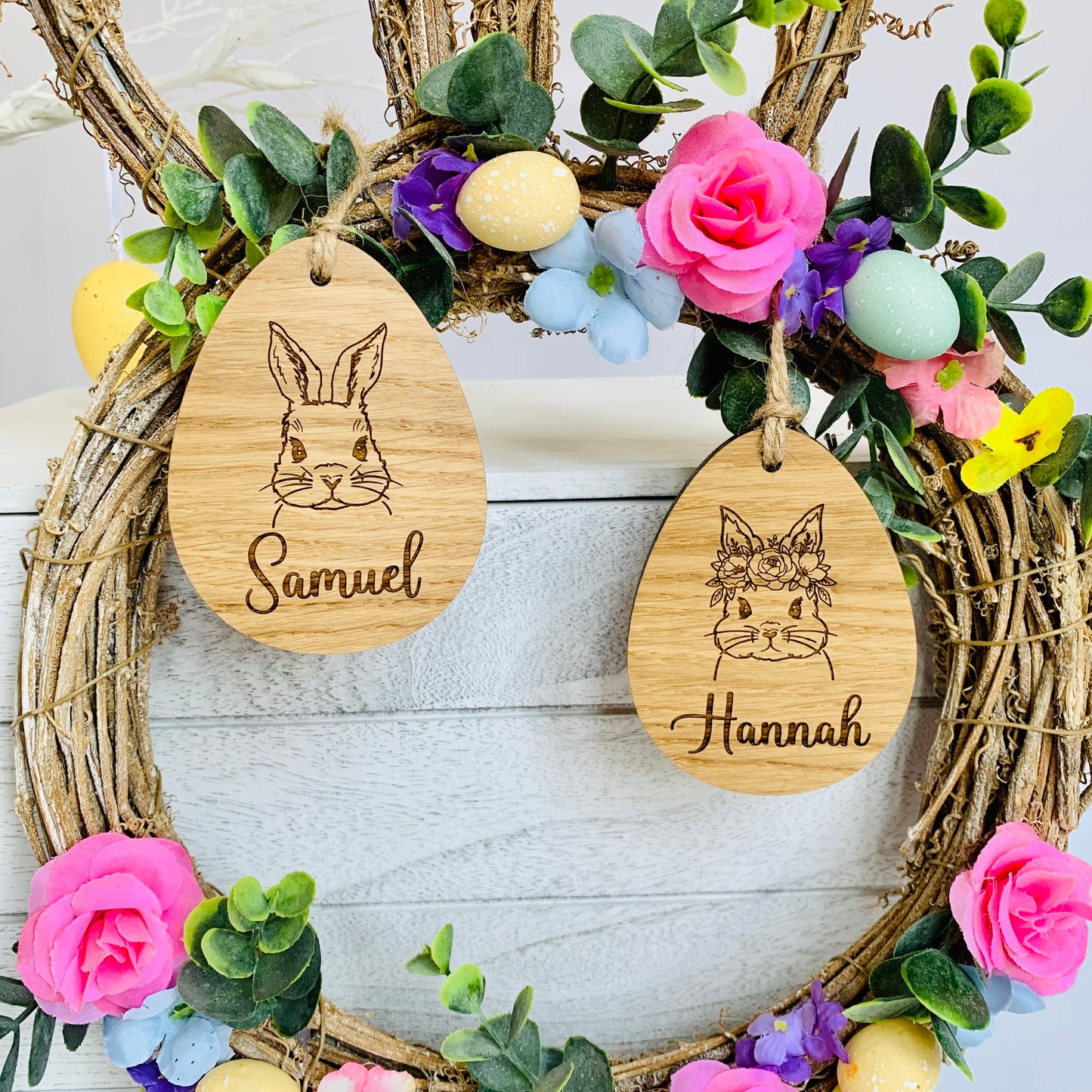 Personalised Oak bunny illustration decoration / basket tag